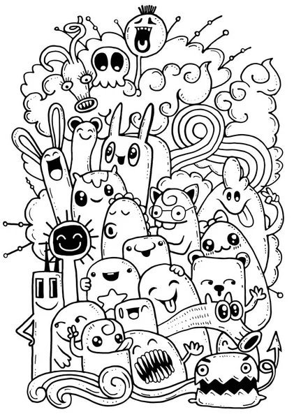 Hipster handritad Crazy doodle Monster grupp, ritning stil. Vektorillustration — Stock vektor