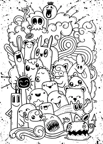 Hipster dibujado a mano loco doodle monstruo grupo, dibujo style.Vector ilustración — Vector de stock