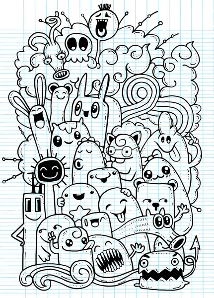 Bokovky ručně kreslenou Crazy doodle Monster skupina, styl kreslení. Vektorové ilustrace — Stockový vektor