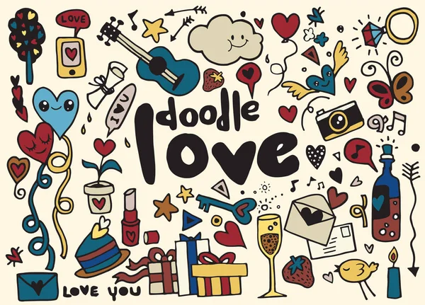 Szerelem betűk kézzel és doodles elemek vázlat háttér. Vect — Stock Vector
