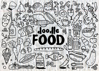 yiyecek ve içecek karalamalar öğeleri arka plan kroki. Vektör illus