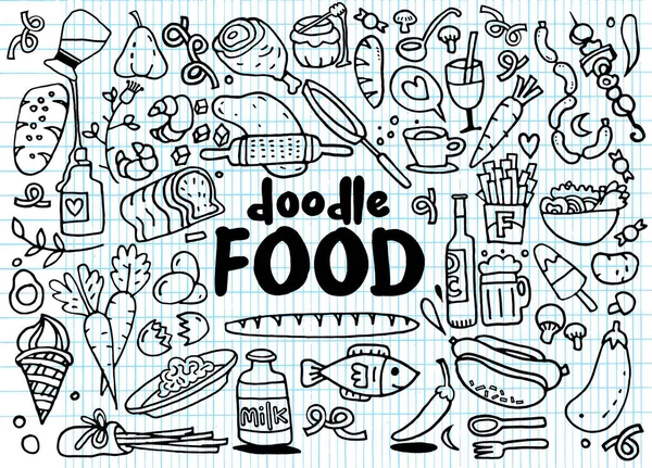 Yiyecek ve içecek karalamalar öğeleri arka plan kroki. Vektör çizim — Stok Vektör