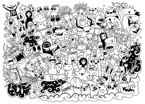 Illustration vectorielle de Monstres et mignon alien amical, cool, mignon collection de monstres dessinés à la main — Image vectorielle