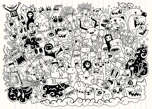 Ilustração vetorial de monstros e bonito alienígena amigável, legal, bonito coleção de monstros desenhados à mão — Vetor de Stock