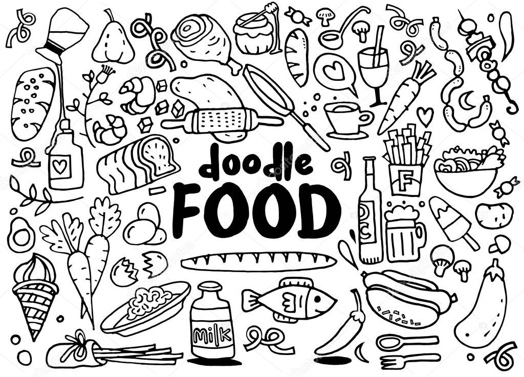 food and drink  doodles elements sketch background. Vector illus