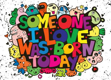 Vektör çizim yazı doodle el yazısıyla yazılmış. Mutlu doğum günü tebrik kartı. Canavar Doodle tasarımınız için