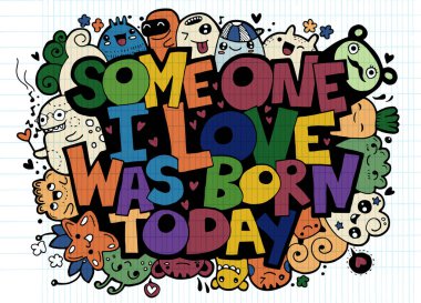 Vektör çizim yazı doodle el yazısıyla yazılmış. Mutlu doğum günü tebrik kartı. Canavar Doodle tasarımınız için