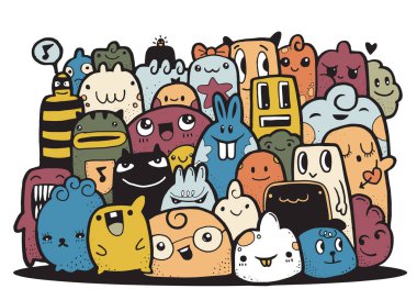 Hipster elle çizilmiş deli canavar şehir, çizim stili doodle. Vektör çizim