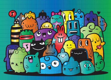 Hipster elle çizilmiş deli canavar şehir, çizim stili doodle. Vektör çizim