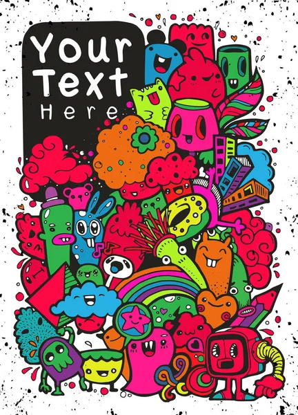 Hipster Hand dras lycklig doodle Monster grupp ritning stil. Vektorillustration — Stock vektor
