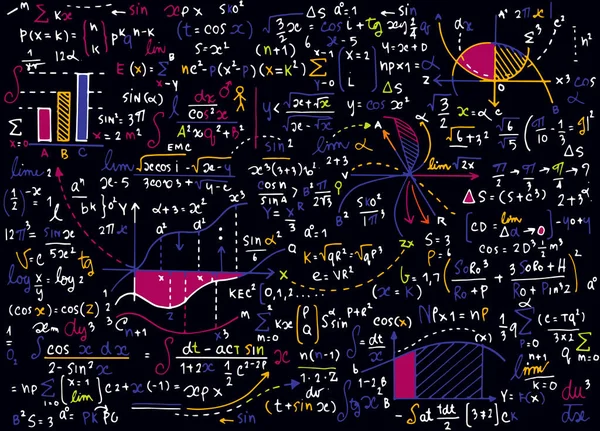 Matemáticas patrón vectorial educación con fórmulas escritas a mano, tareas, parcelas, cálculos y figuras geométricas.vector ilustración — Vector de stock