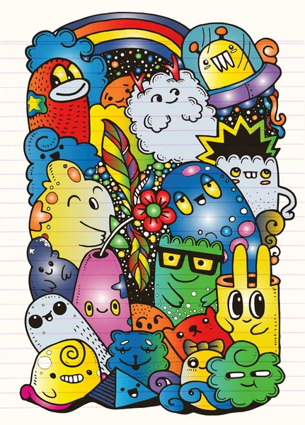 Hipster Hand drawn Crazy doodle Monster City, desenho style.Vector ilustração —  Vetores de Stock