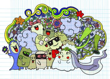 Şirin doodle canavar grup çizim stili. Vektör çizim