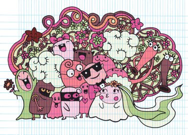 Şirin doodle canavar grup çizim stili. Vektör çizim