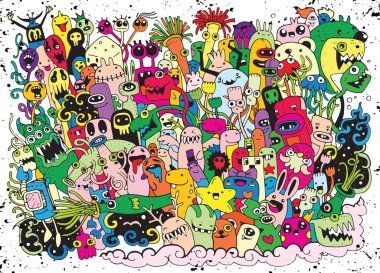 Canavarlar ve sevimli uzaylı dost, güzel, şirin çizilmiş canavarlar koleksiyonu vektör çizim