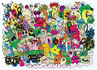 Hipster el mutlu doodle canavar grup çizim stili çekilmiş. Vektör çizim