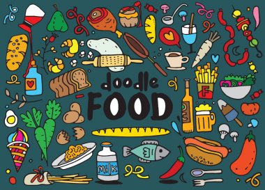 yiyecek ve içecek karalamalar öğeleri arka plan kroki. Vektör illus