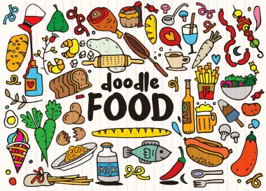 yiyecek ve içecek karalamalar öğeleri arka plan kroki. Vektör illus