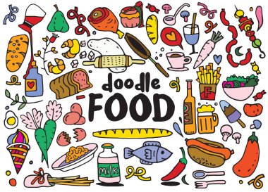 yiyecek ve içecek karalamalar öğeleri arka plan kroki. Vektör illus