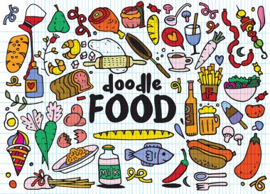 yiyecek ve içecek karalamalar öğeleri arka plan kroki. Vektör illus