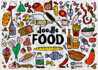 yiyecek ve içecek karalamalar öğeleri arka plan kroki. Vektör illus