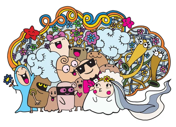 Aranyos doodle Monster csoport rajz stílust. Vektoros illusztráció — Stock Vector
