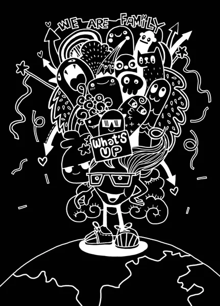Loco doodle Monster familia dibujo style.Vector ilustración — Vector de stock