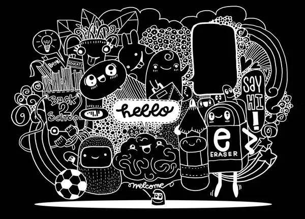 Hipster disegnato a mano pazzo doodle gruppo di mostri disegno style.Vector illustrazione — Vettoriale Stock