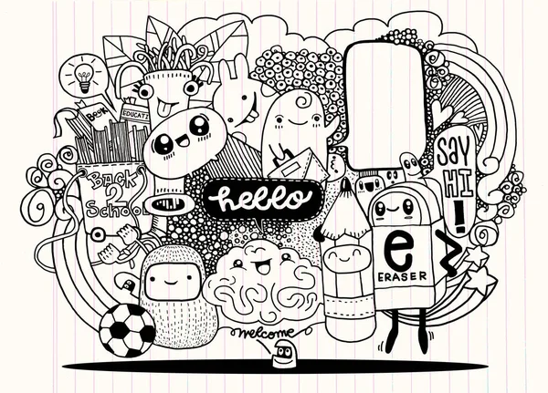 Hipster ręcznie rysowane szczęśliwy doodle Monster grupy styl rysowania. Ilustracja wektorowa — Wektor stockowy