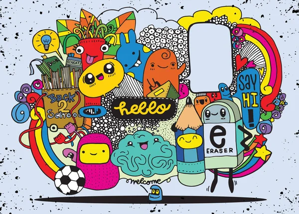 Hipster ręcznie rysowane szczęśliwy doodle Monster grupy styl rysowania. Ilustracja wektorowa — Wektor stockowy