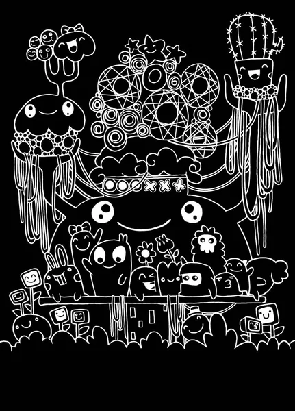 Hipster disegnato a mano pazzo doodle gruppo di mostri disegno style.Vector illustrazione — Vettoriale Stock