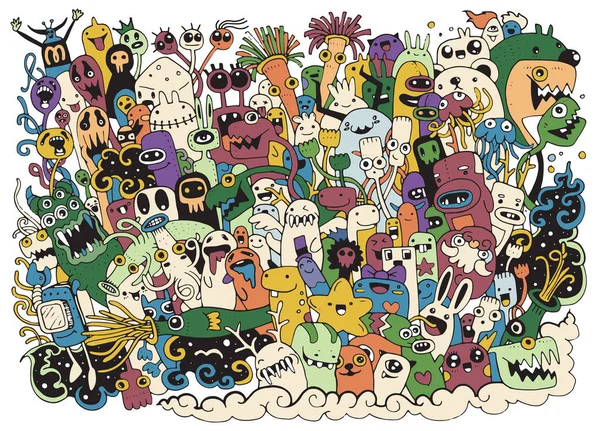 Ilustración vectorial de monstruos y lindo alien friendly, fresco, lindo colección de monstruos dibujados a mano — Vector de stock