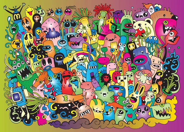 Ilustración vectorial de monstruos y lindo alien friendly, fresco, lindo colección de monstruos dibujados a mano — Vector de stock