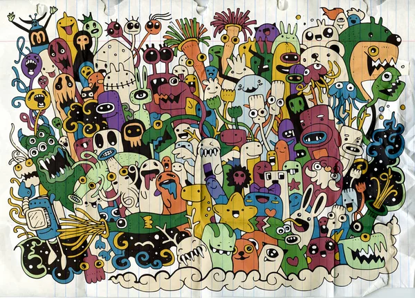 Illustrazione vettoriale di mostri e simpatici alieni amichevole, fresco, carino collezione di mostri disegnati a mano — Vettoriale Stock