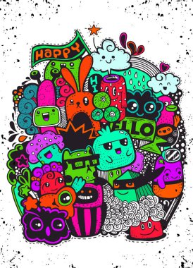 Hipster el mutlu doodle canavar grup çizim stili çekilmiş. Vektör çizim
