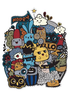 Hipster el mutlu doodle canavar grup çizim stili çekilmiş. Vektör çizim