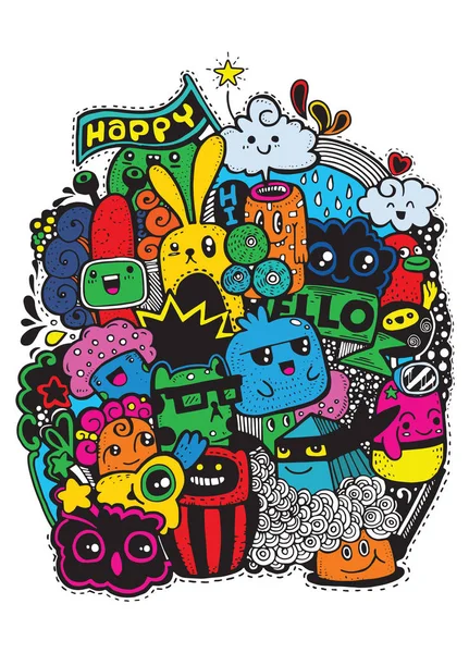 Csípő kézzel rajzolt firka boldog szörny csoport rajz stílust. Vektoros illusztráció — Stock Vector
