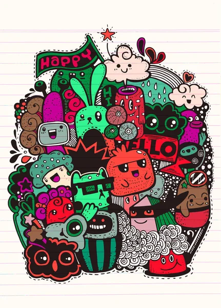 Hipster Hand gezeichnet glücklich Doodle Monster Gruppe Zeichnung style.vector Illustration — Stockvektor