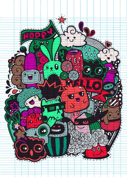 Hipster Hand dras lycklig doodle Monster grupp ritning stil. Vektorillustration — Stock vektor