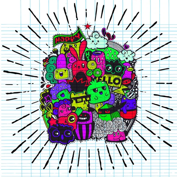 Hipster mão desenhada feliz doodle monstro grupo desenho style.Vector ilustração — Vetor de Stock
