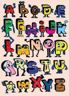El çizilen komik canavar alfabe. İzole harfler yazı tipi doodle