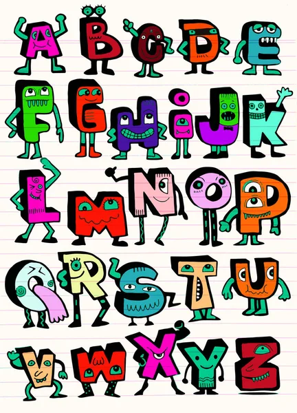 Alfabeto de monstro engraçado desenhado à mão. Letras isoladas doodle font — Vetor de Stock