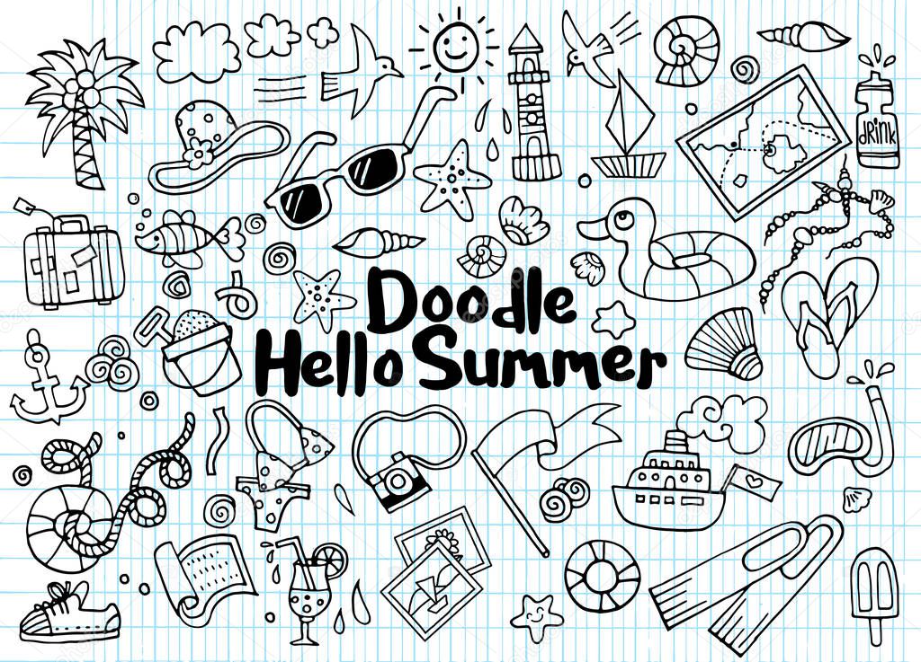 Hand drawn vector illustration set of summer doodles elements.