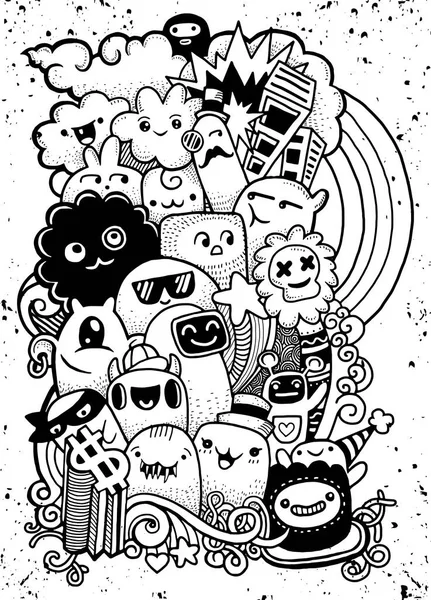 Hipster hand gezeichnet Crazy Doodle Monster Group, Zeichnung style.vect — Stockvektor