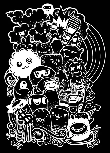 Hipster Hand drawn Crazy doodle Monster group, drawing style.Vect — стоковый вектор
