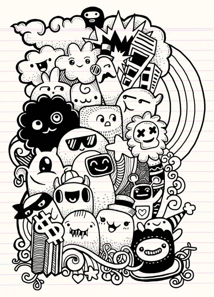 Hipster Hand drawn Crazy doodle Monster group, drawing style.Vect — стоковый вектор