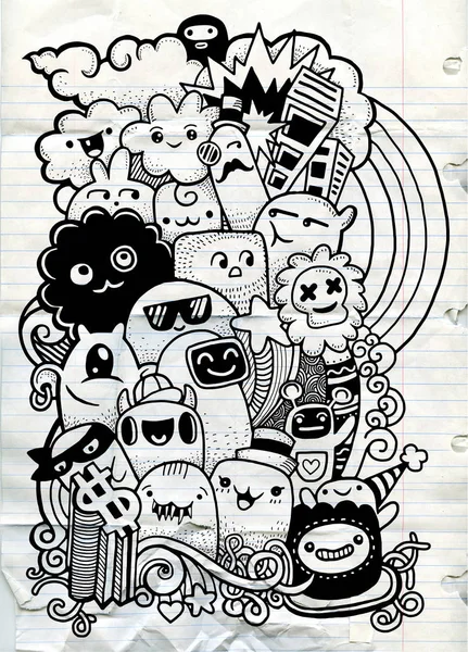 Hipster disegnato a mano pazzo doodle gruppo di mostri, disegno style.Vect — Vettoriale Stock