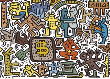 El çizimi Doodle vektör çizim, komik parti insanlar, F