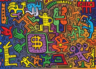 El çizimi Doodle vektör çizim, komik parti insanlar 