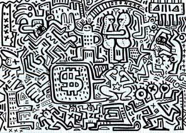 El çizimi Doodle vektör çizim, komik parti insanlar, F